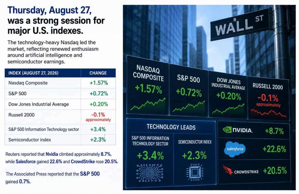 Alt Text: U.S. stock market performance on August 27 2026 with Nasdaq S&P 500 Dow Jones and technology stocks