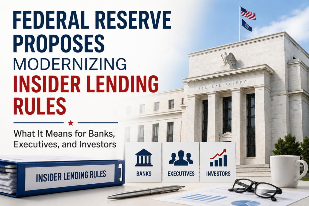 Federal Reserve headquarters with financial documents illustrating the proposed modernization of insider lending rules affecting U.S. banks, executives, directors, and investors in 2026.