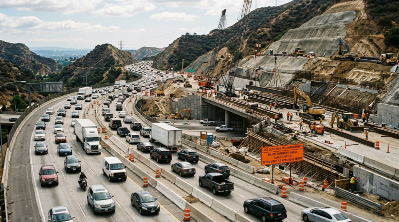 High-angle shot of major roadwork and heavy traffic along the 405 Freeway through the mountainous Sepulveda Pass in Los Angeles.