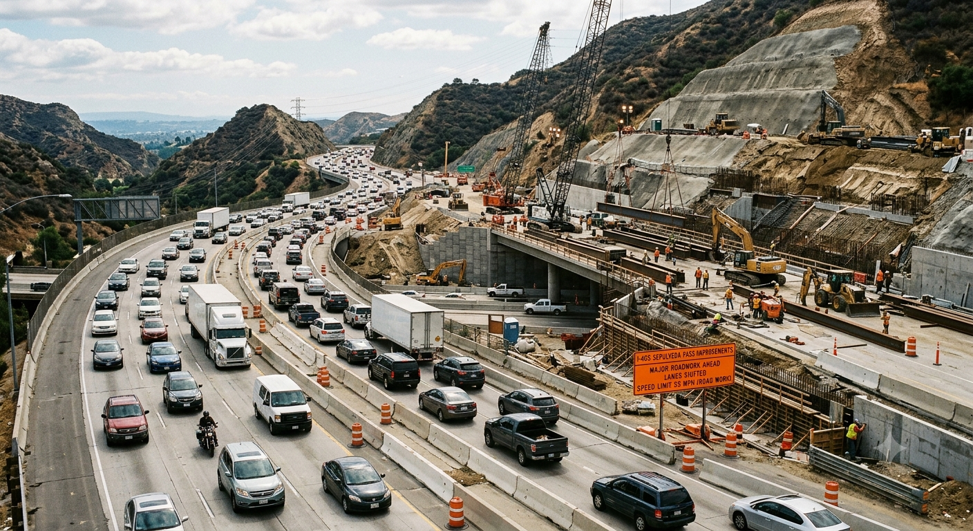 High-angle shot of major roadwork and heavy traffic along the 405 Freeway through the mountainous Sepulveda Pass in Los Angeles.