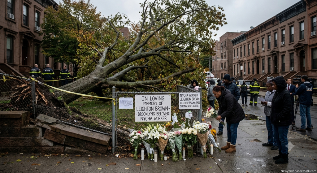 A wide photograph of a memorial site along a chain-link fence in front of a massive, uprooted tree in a Brooklyn neighborhood. Flowers and handwritten signs honoring NYCHA worker Leighton Brown rest on the wet sidewalk as mourners gather and news crews record the scene under an overcast, rainy sky.
