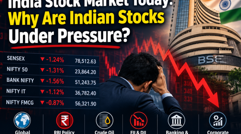 India stock market today showing Sensex and Nifty under pressure amid global market trends, RBI policy expectations, crude oil prices and investor concerns