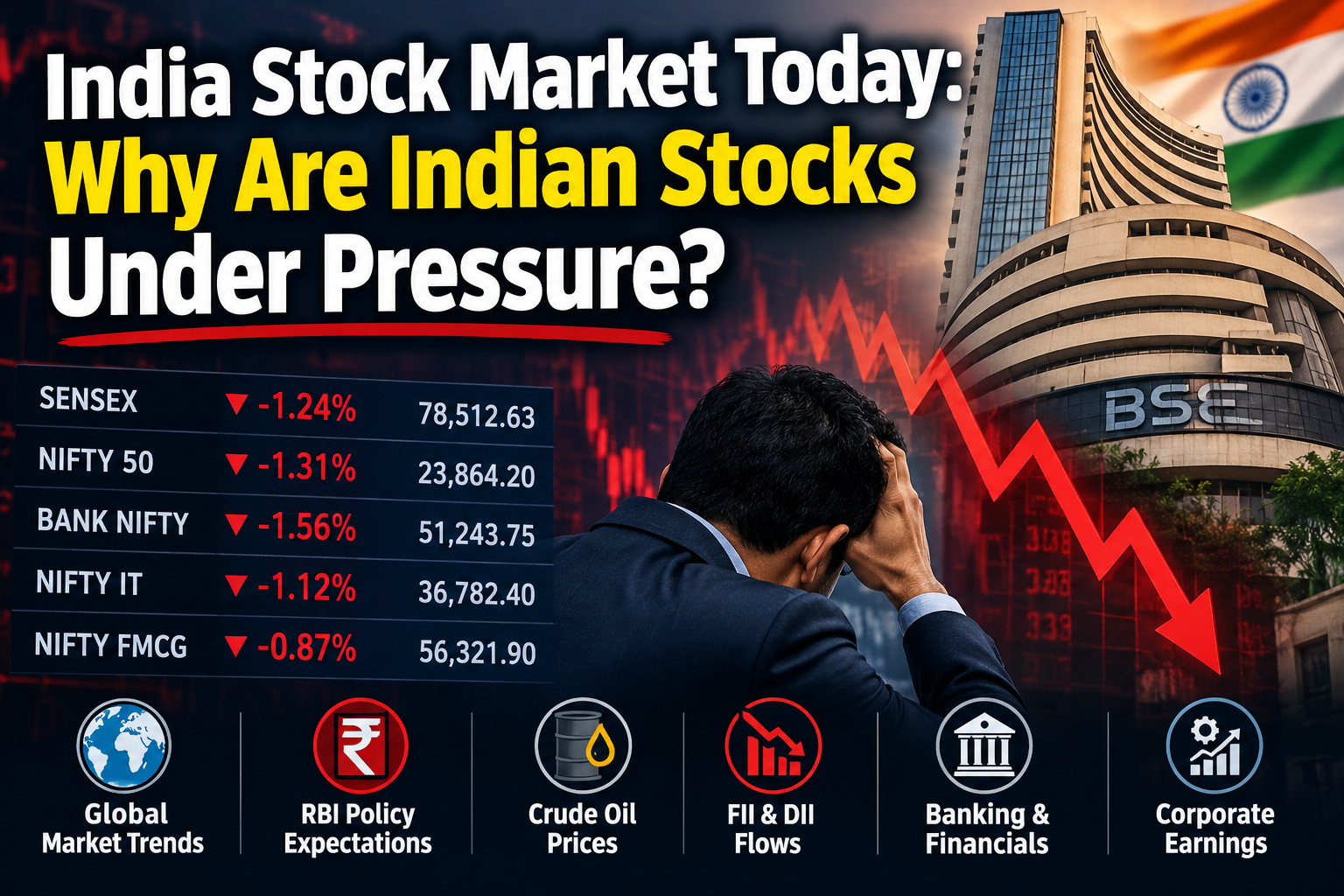 India stock market today showing Sensex and Nifty under pressure amid global market trends, RBI policy expectations, crude oil prices and investor concerns
