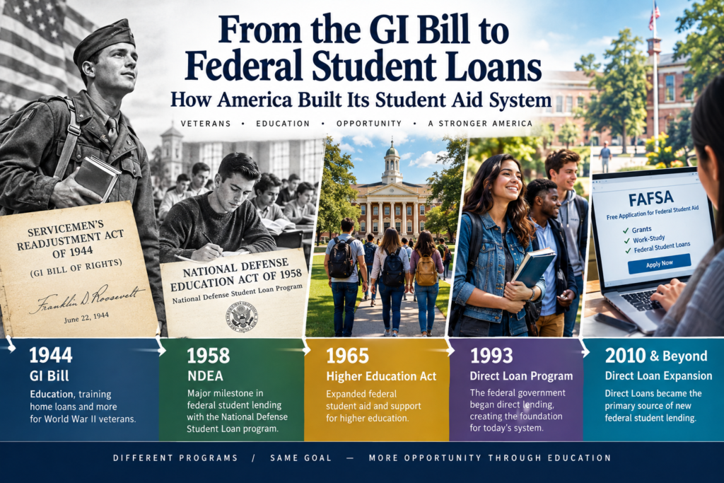 History of U.S. student aid from the 1944 GI Bill to federal student loans