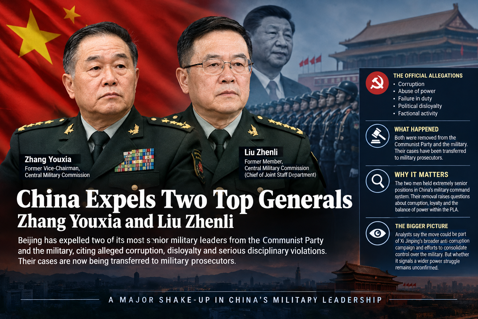 China expels top generals Zhang Youxia and Liu Zhenli amid corruption and disloyalty allegations