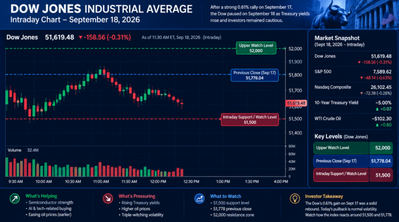 Dow Jones intraday candlestick trading chart showing September 18, 2026 market levels, support at 51,500, previous close at 51,778.04 and upper watch level at 52,000