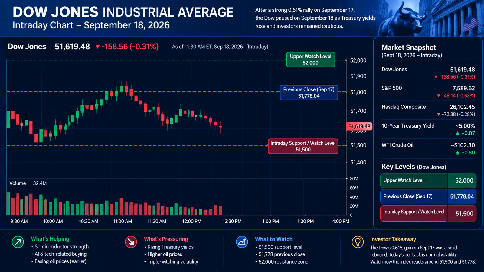 Dow Jones intraday candlestick trading chart showing September 18, 2026 market levels, support at 51,500, previous close at 51,778.04 and upper watch level at 52,000