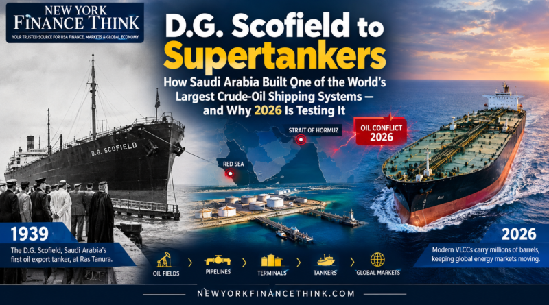 D.G. Scofield to modern supertankers showing Saudi Arabia’s crude oil shipping journey from 1939 to 2026