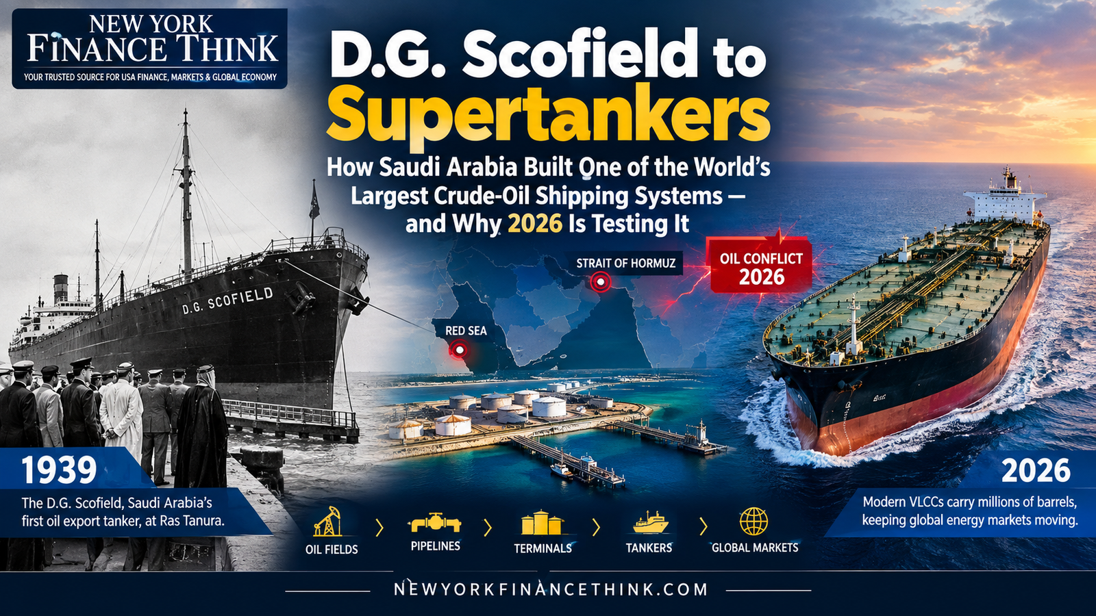 D.G. Scofield to modern supertankers showing Saudi Arabia’s crude oil shipping journey from 1939 to 2026