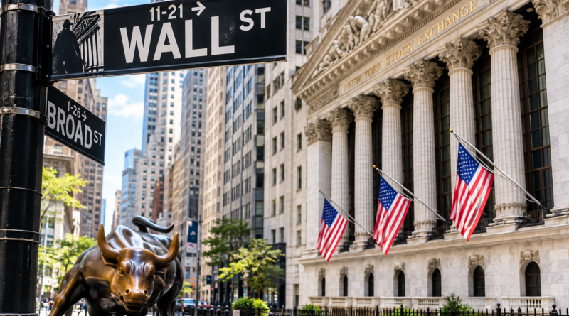 Wall Street sign, New York Stock Exchange building and Charging Bull in New York City