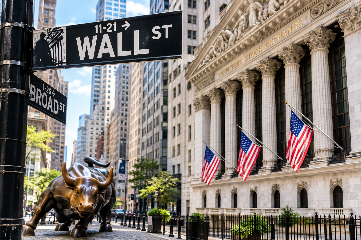 Wall Street sign, New York Stock Exchange building and Charging Bull in New York City
