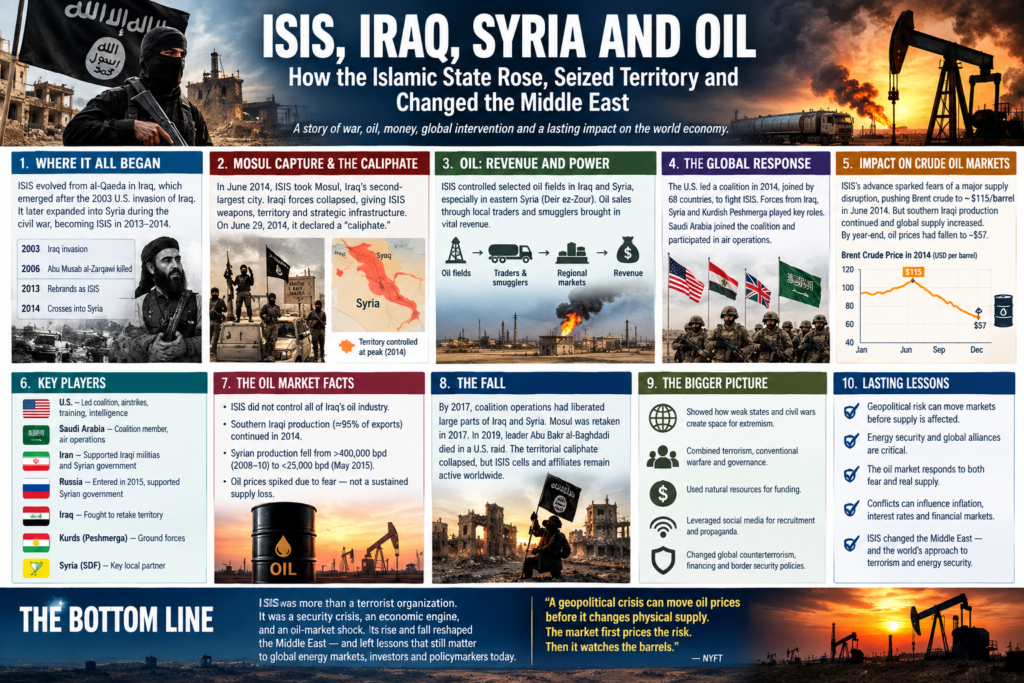 ISIS Iraq Syria and oil market impact infographic showing Mosul, oil fields, coalition forces and crude oil prices