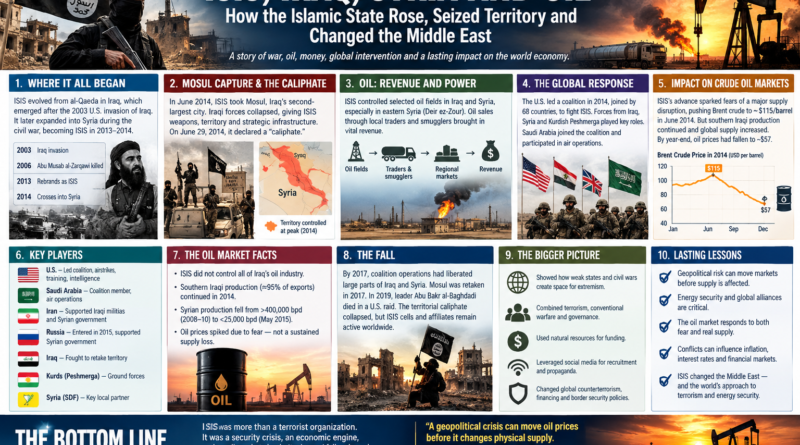 ISIS Iraq Syria and oil market impact infographic showing Mosul, oil fields, coalition forces and crude oil prices