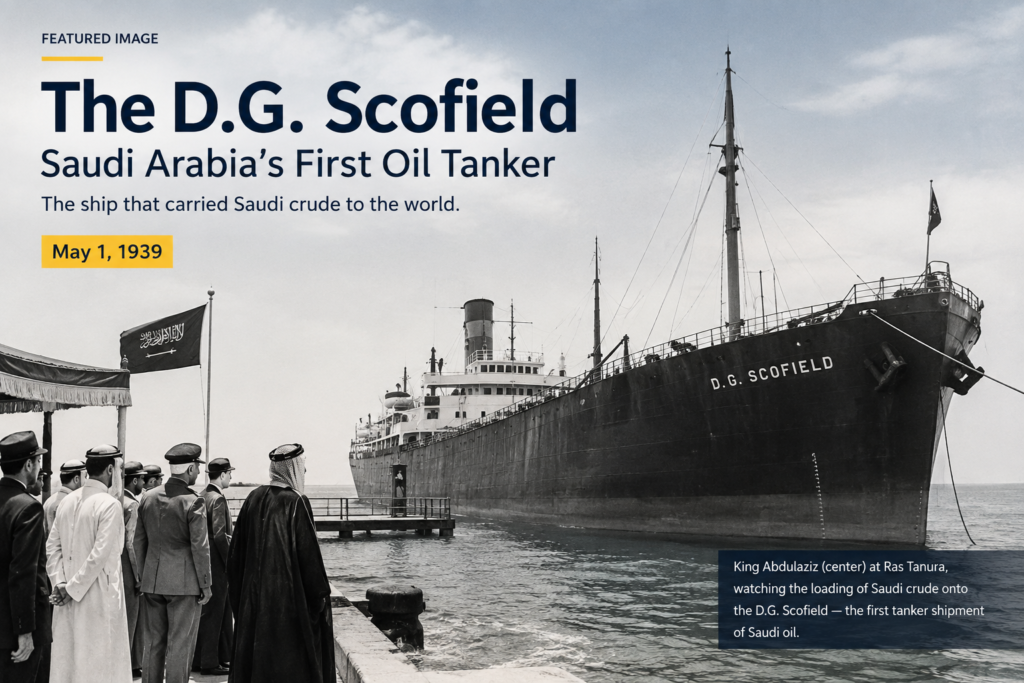 D.G. Scofield oil tanker at Ras Tanura during Saudi Arabia’s first crude oil export in 1939