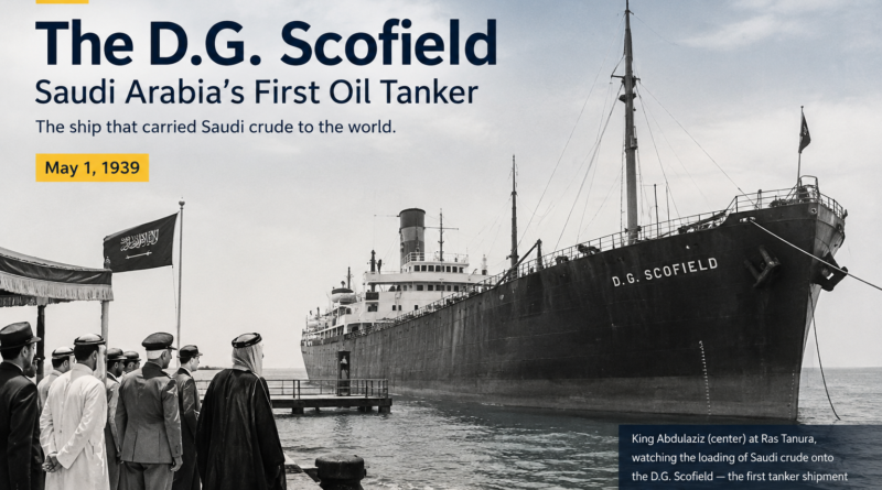 D.G. Scofield oil tanker at Ras Tanura during Saudi Arabia’s first crude oil export in 1939