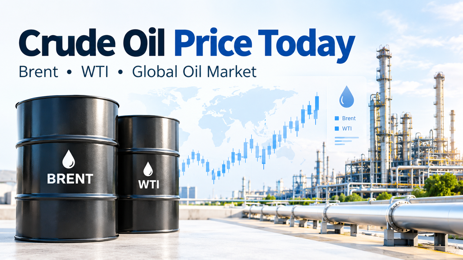 Crude oil price today with Brent and WTI barrels, refinery and global oil market