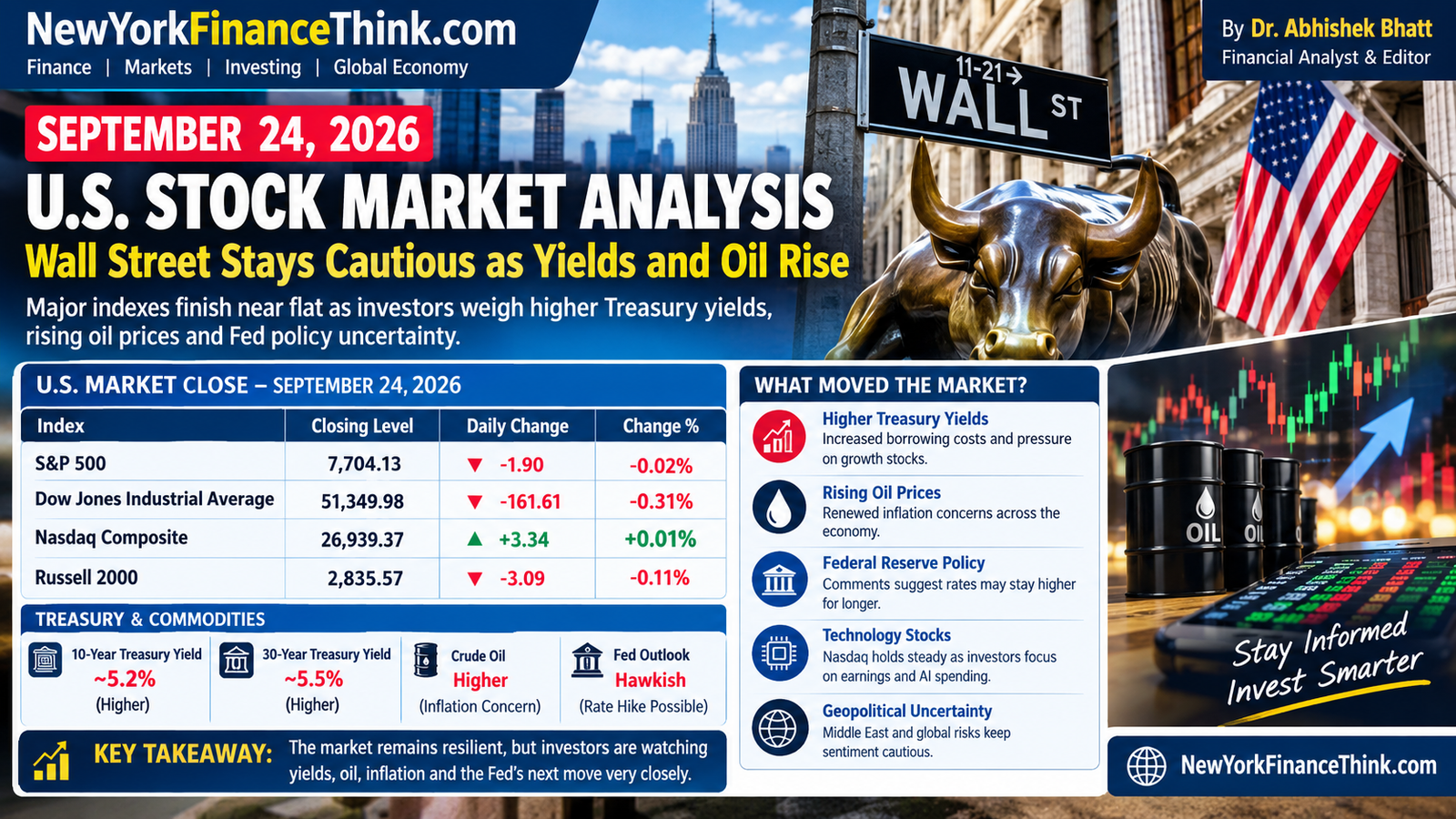 September 24, 2026 U.S. stock market analysis showing Wall Street, market indexes, Treasury yields, oil prices and Federal Reserve concerns.