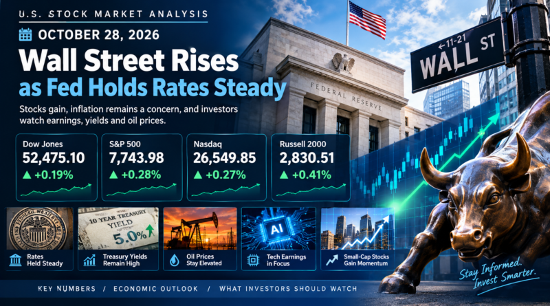 U.S. stock market analysis for October 28, 2026, showing Wall Street, Federal Reserve, and rising Dow Jones, S&P 500, Nasdaq, and Russell 2000 indexes.