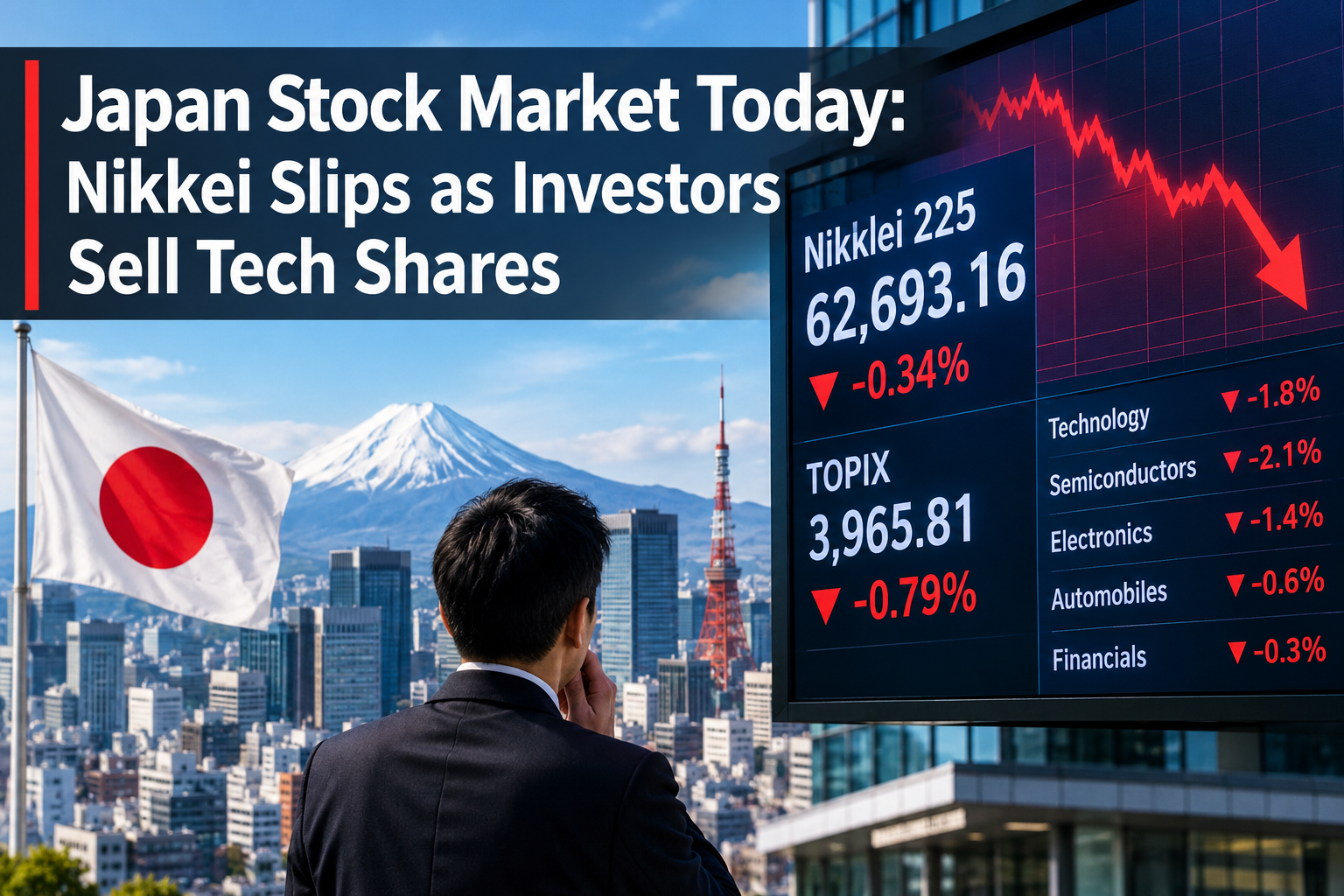 Japan stock market falls as Nikkei slips and technology shares face selling pressure