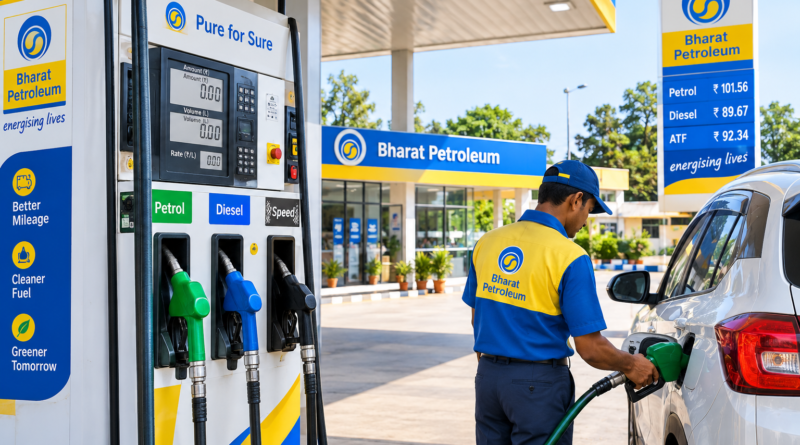 Indian petrol pump showing petrol and diesel dispensers with a customer refueling a car