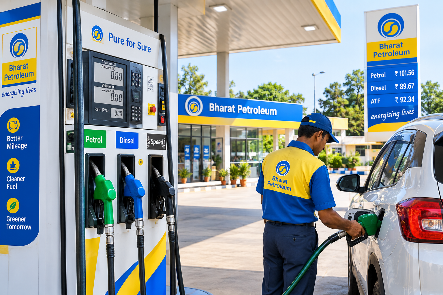 Indian petrol pump showing petrol and diesel dispensers with a customer refueling a car
