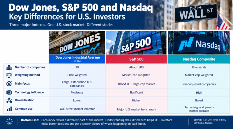 Dow Jones, S&P 500 and Nasdaq comparison for U.S. investors