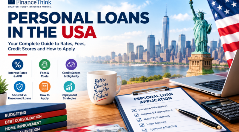 Personal loans in the USA guide featuring loan applications, borrowing options, and financial planning.