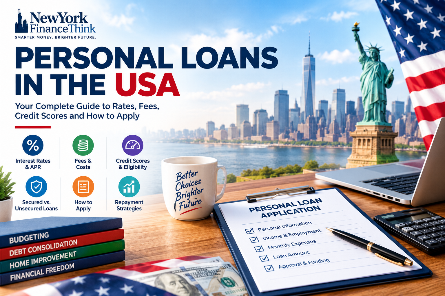 Personal loans in the USA guide featuring loan applications, borrowing options, and financial planning.