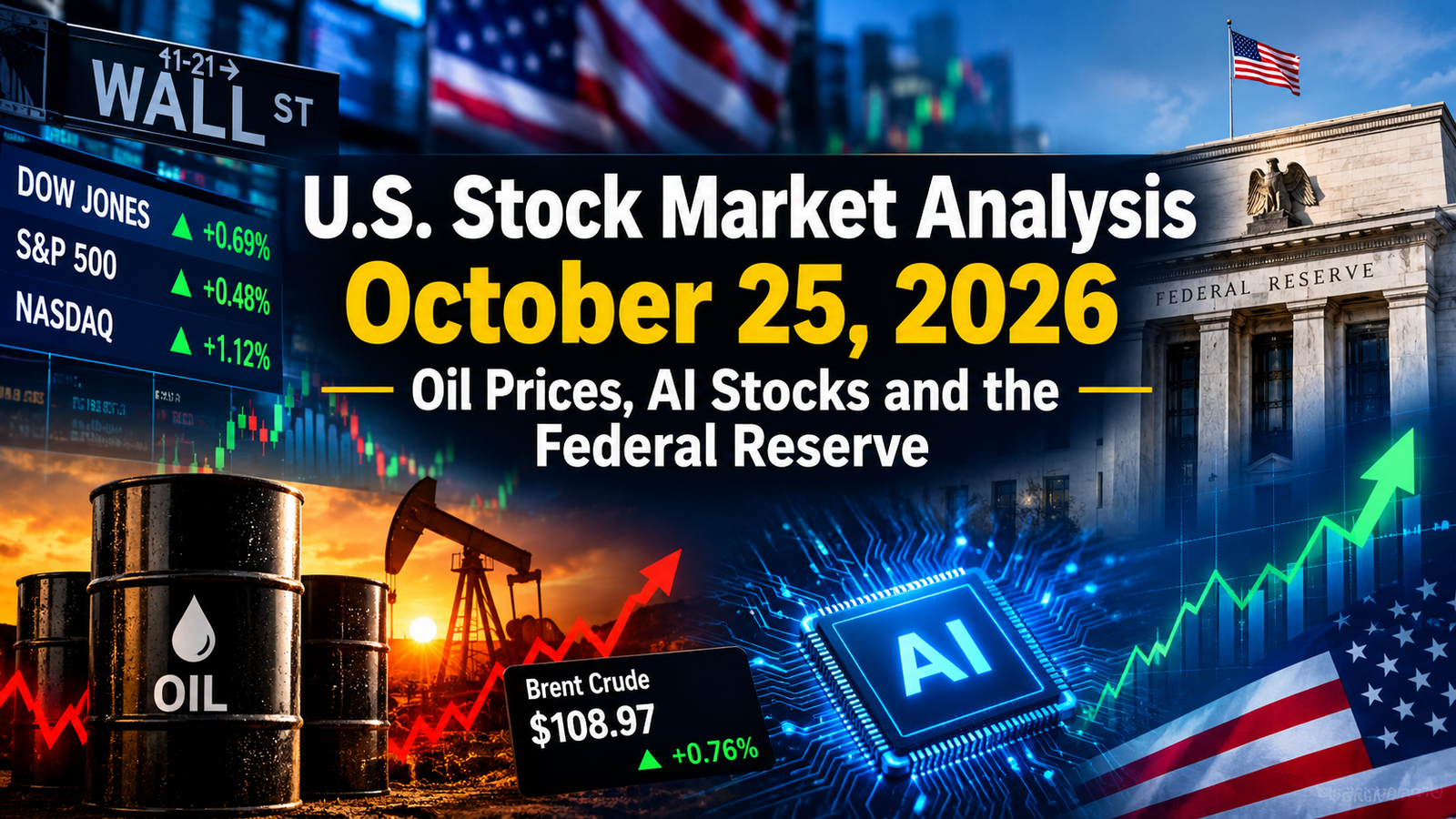 U.S. stock market analysis for October 25, 2026, featuring Wall Street, oil prices, AI technology stocks and the Federal Reserve.