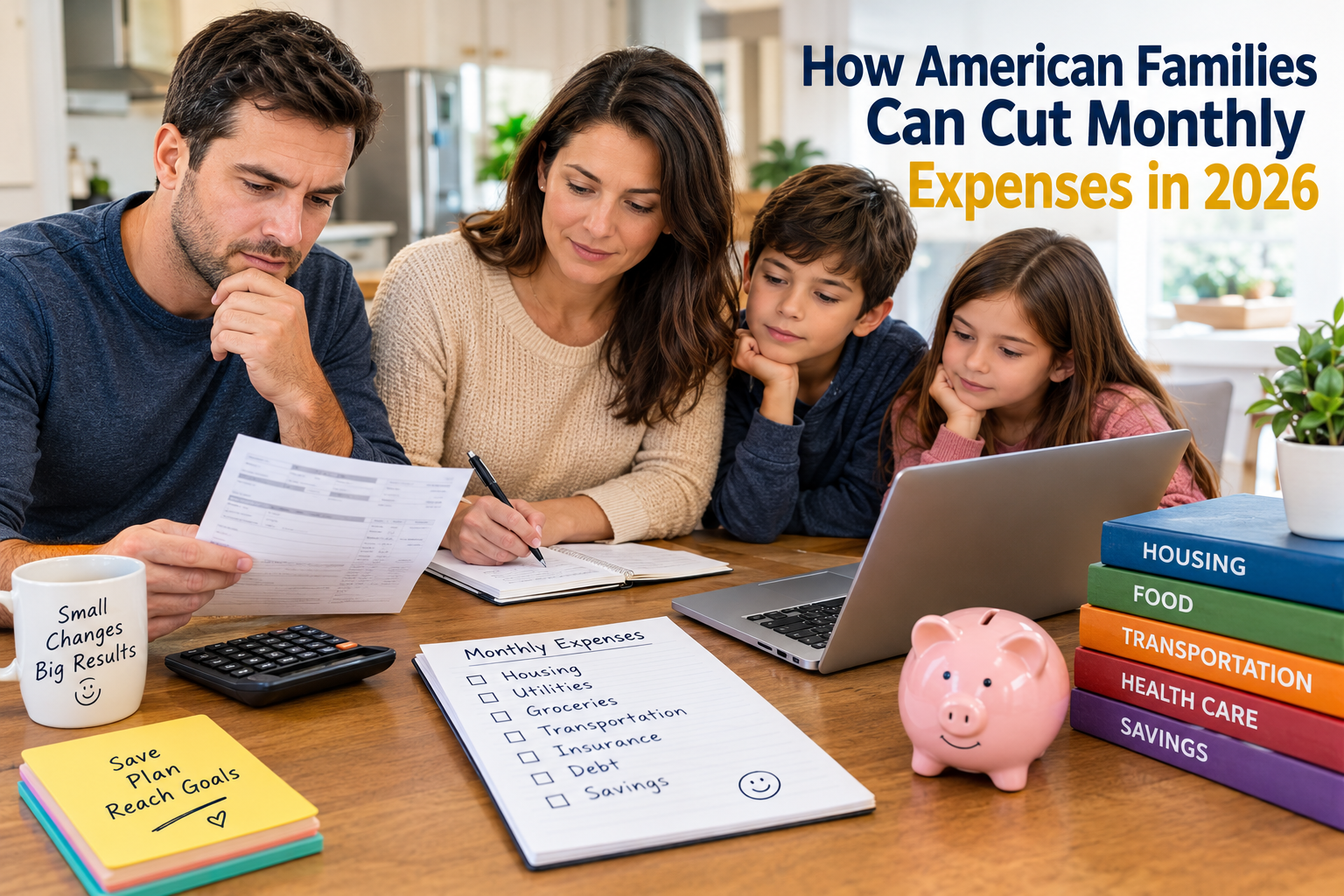American family planning a monthly budget and cutting household expenses in 2026