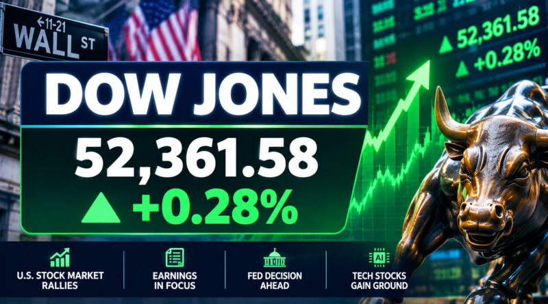 Dow Jones rises 0.28% to 52,361.58 as U.S. investors watch earnings and Federal Reserve policy