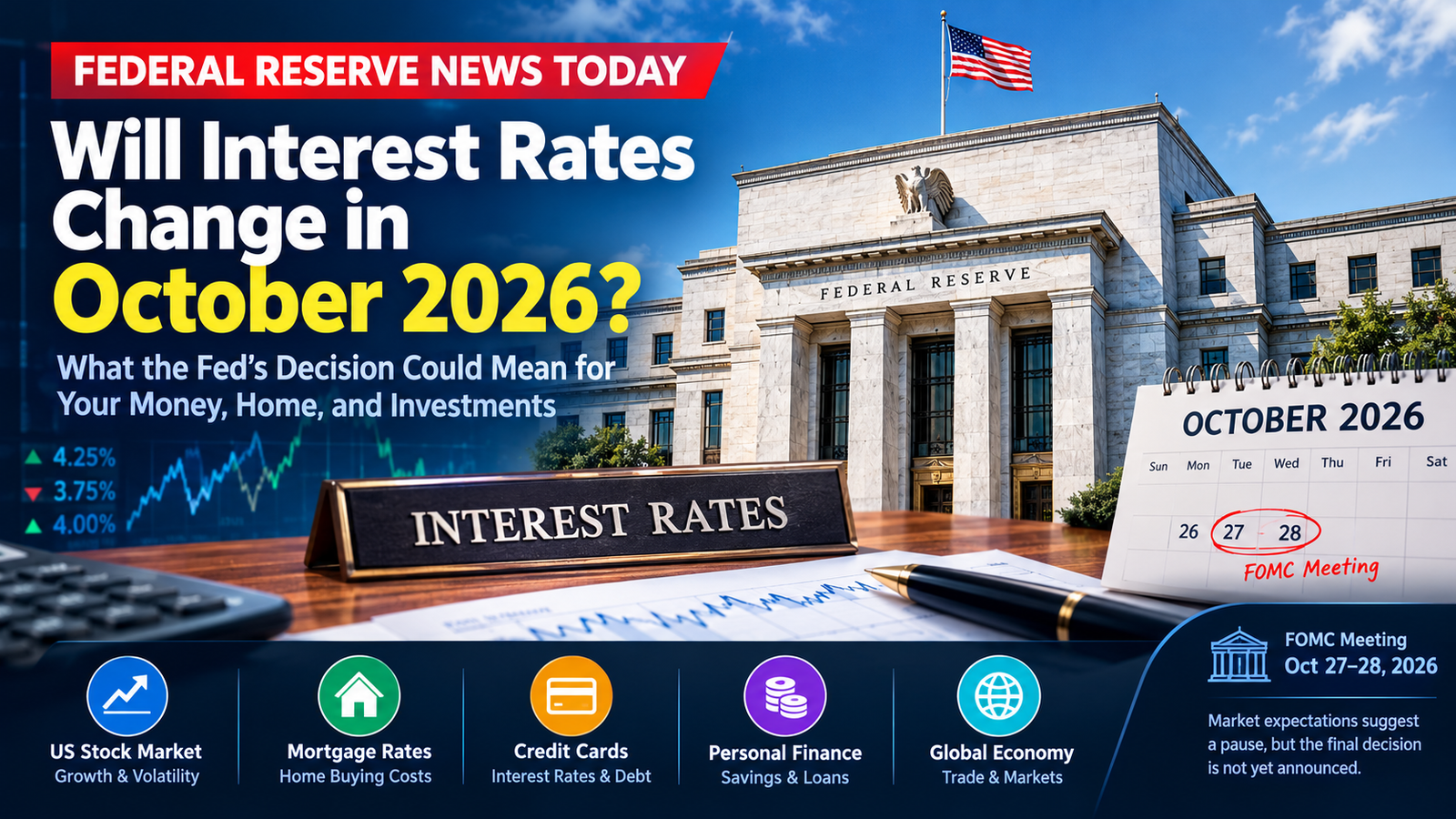 Federal Reserve news today October 2026 interest rate decision and potential impact on the US economy, mortgage rates, credit cards, and stock market.