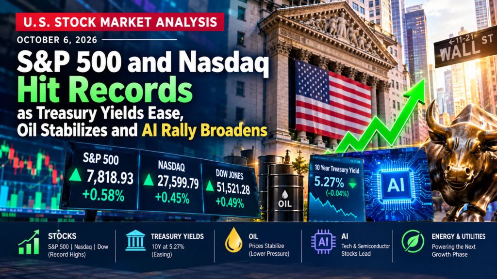 U.S. stock market analysis October 6 2026 showing S&P 500 and Nasdaq records, Treasury yields, oil and AI stocks