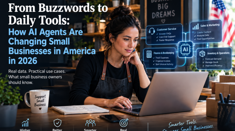 Small business owner using AI tools for customer service, marketing, finance, and daily operations in America.