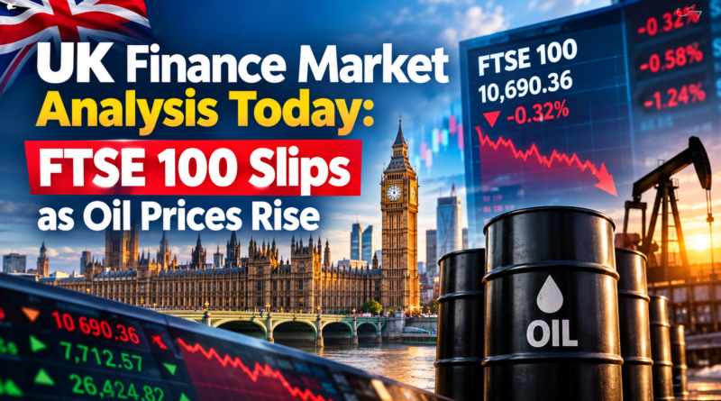 **Alt Text:** UK finance market analysis showing FTSE 100 falling as oil prices rise in London **Caption:** The FTSE 100 slipped as rising oil prices and market uncertainty weighed on UK stocks. **Description:** A London financial market scene featuring the FTSE 100, falling market charts and rising oil prices, with Big Ben and the UK skyline in the background. The image reflects the latest movement in the UK stock market and the impact of higher energy prices on investor sentiment. **Image Title:** UK Finance Market Analysis: FTSE 100 Slips as Oil Prices Rise