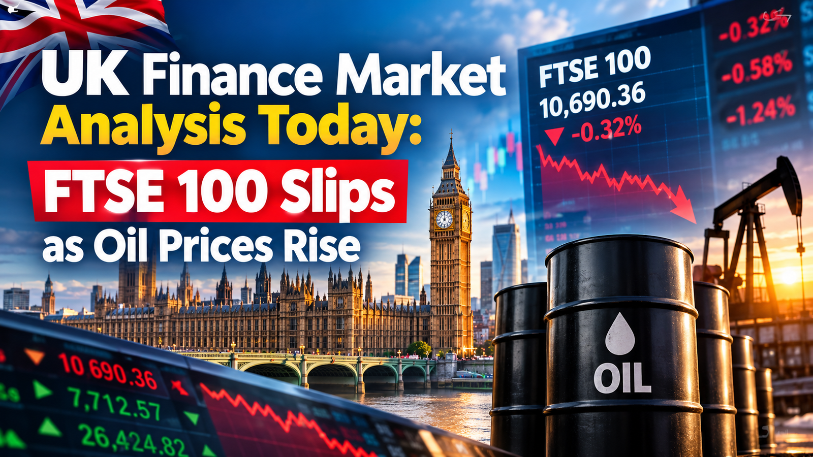 **Alt Text:** UK finance market analysis showing FTSE 100 falling as oil prices rise in London **Caption:** The FTSE 100 slipped as rising oil prices and market uncertainty weighed on UK stocks. **Description:** A London financial market scene featuring the FTSE 100, falling market charts and rising oil prices, with Big Ben and the UK skyline in the background. The image reflects the latest movement in the UK stock market and the impact of higher energy prices on investor sentiment. **Image Title:** UK Finance Market Analysis: FTSE 100 Slips as Oil Prices Rise