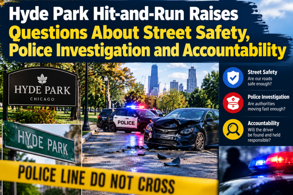 Hyde Park hit-and-run investigation showing police, damaged car and questions about street safety and accountability