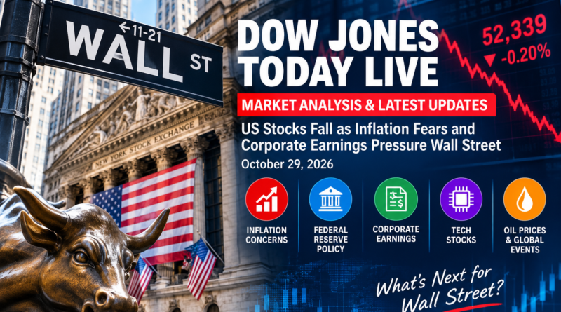 Dow Jones Today Live October 29, 2026, featuring Wall Street, the New York Stock Exchange, and a falling stock market chart amid inflation concerns and corporate earnings pressure.