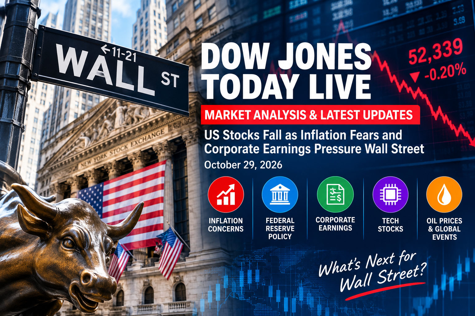 Dow Jones Today Live October 29, 2026, featuring Wall Street, the New York Stock Exchange, and a falling stock market chart amid inflation concerns and corporate earnings pressure.