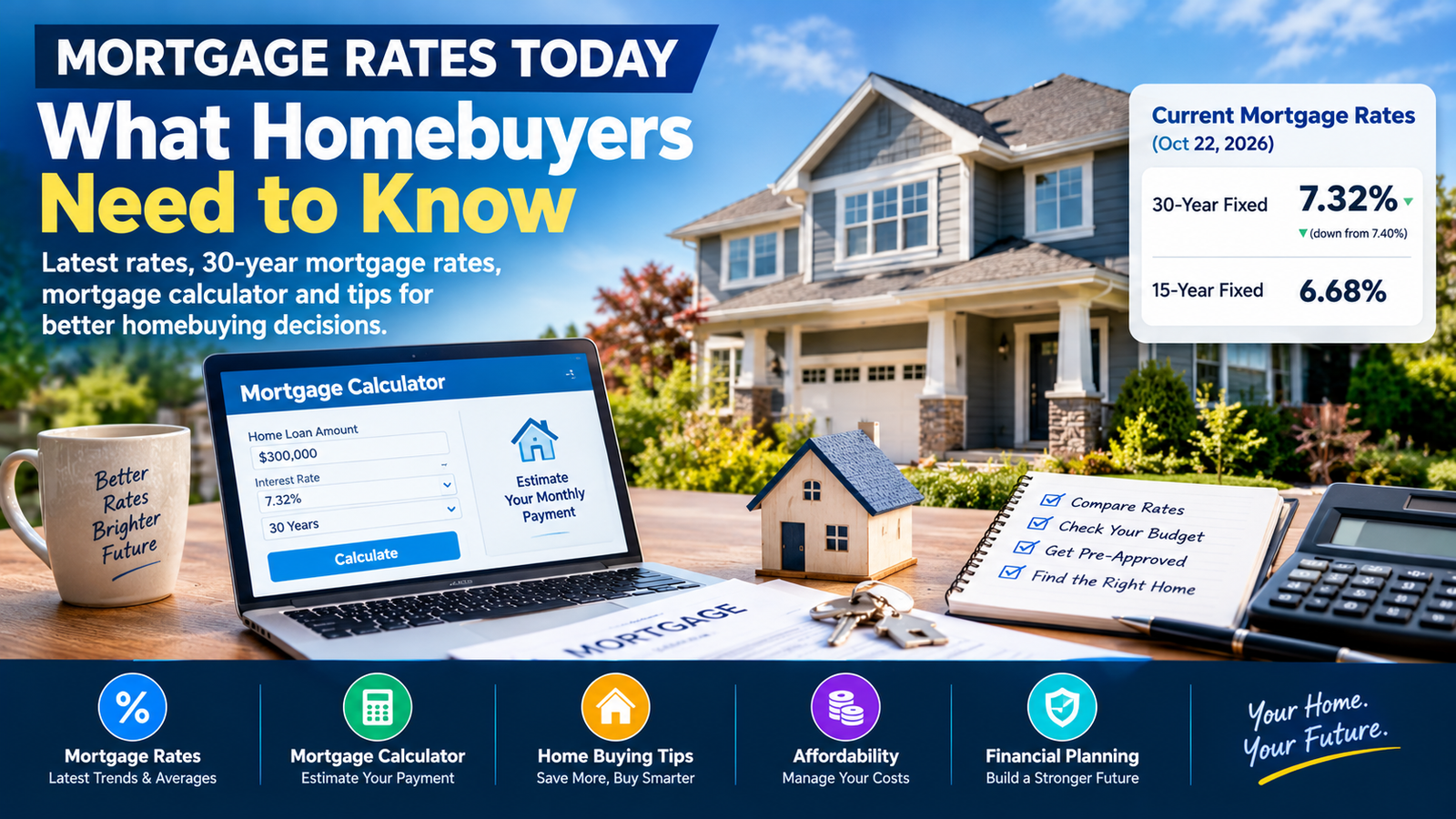 Mortgage rates today in 2026, featuring 30-year fixed rates at 7.32%, 15-year fixed rates at 6.68%, a mortgage calculator, homebuying checklist, and a suburban house.