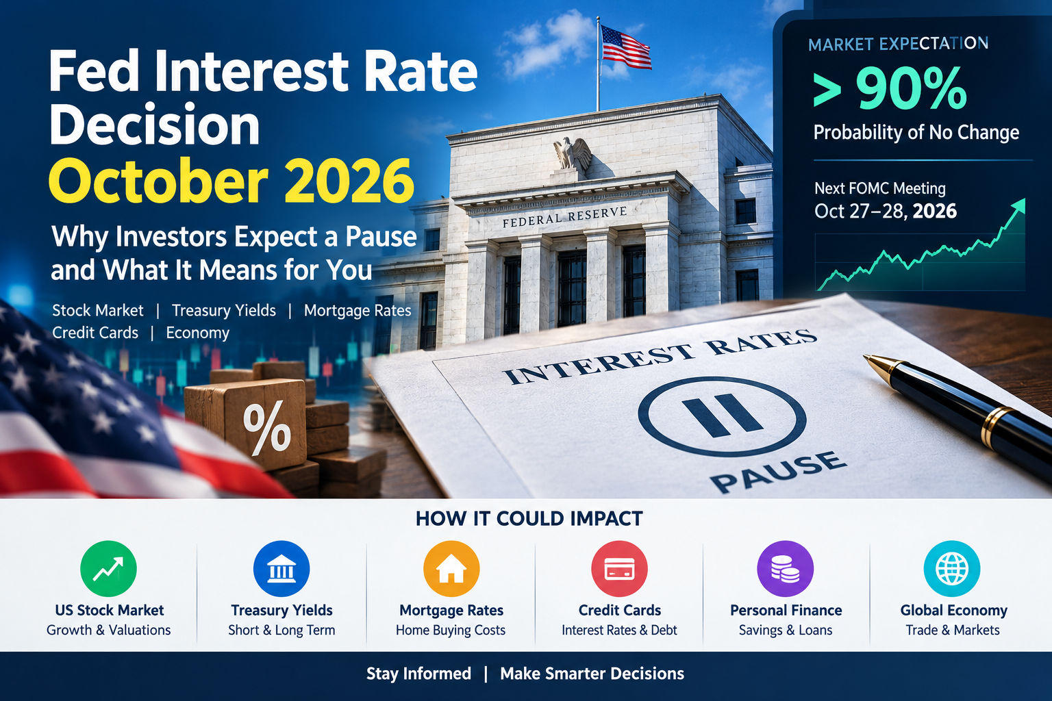 Federal Reserve interest rate decision October 2026 with market expectations, US stock market trends, and borrowing costs.