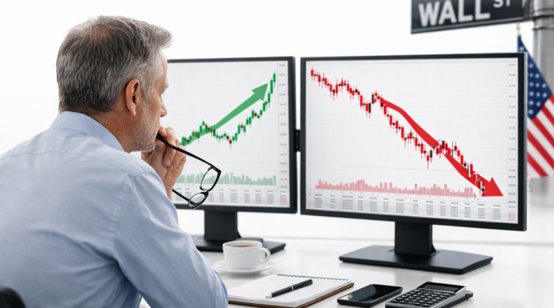 U.S. stock market rally or crash analysis showing Wall Street, S&P 500 and Nasdaq