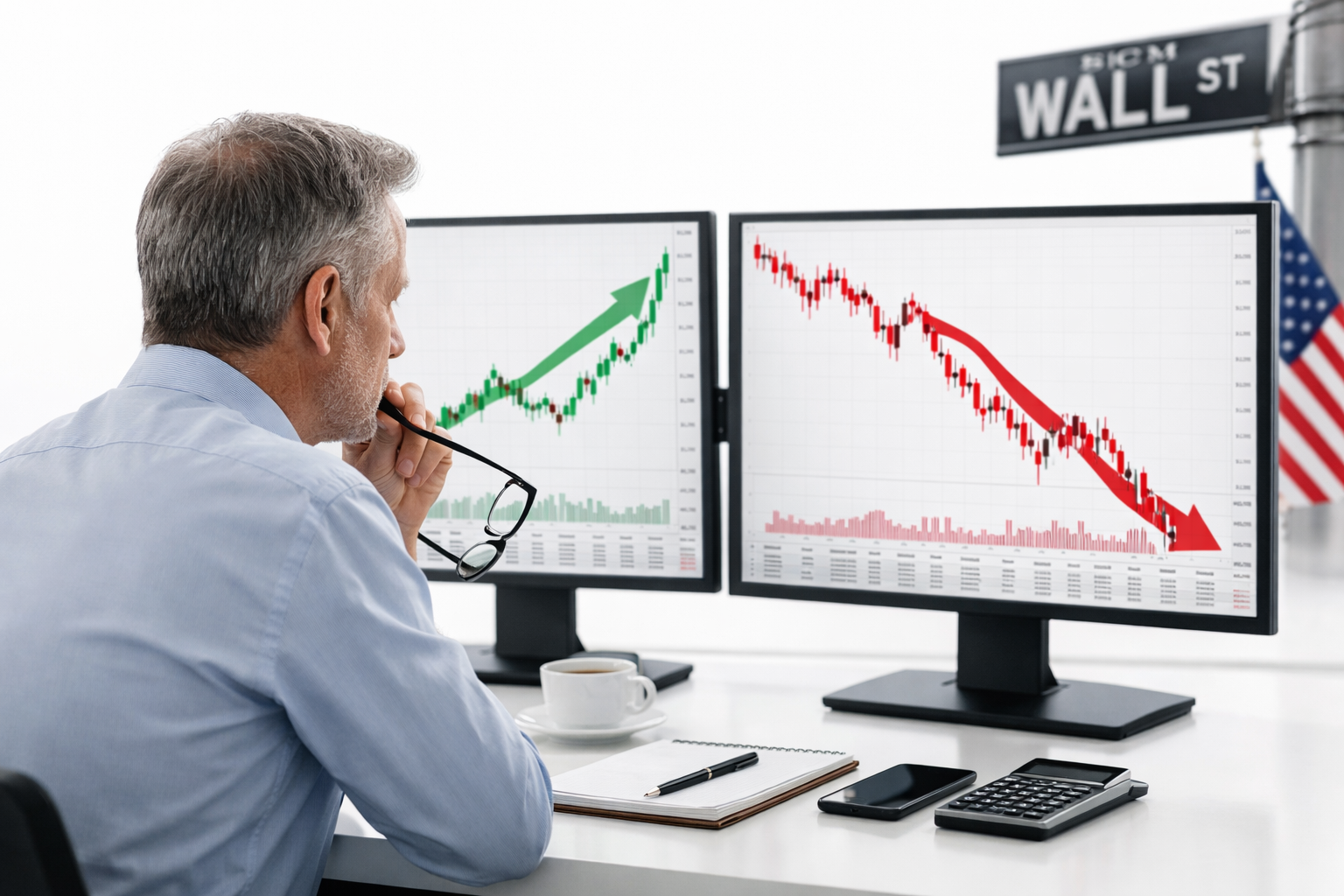 U.S. stock market rally or crash analysis showing Wall Street, S&P 500 and Nasdaq