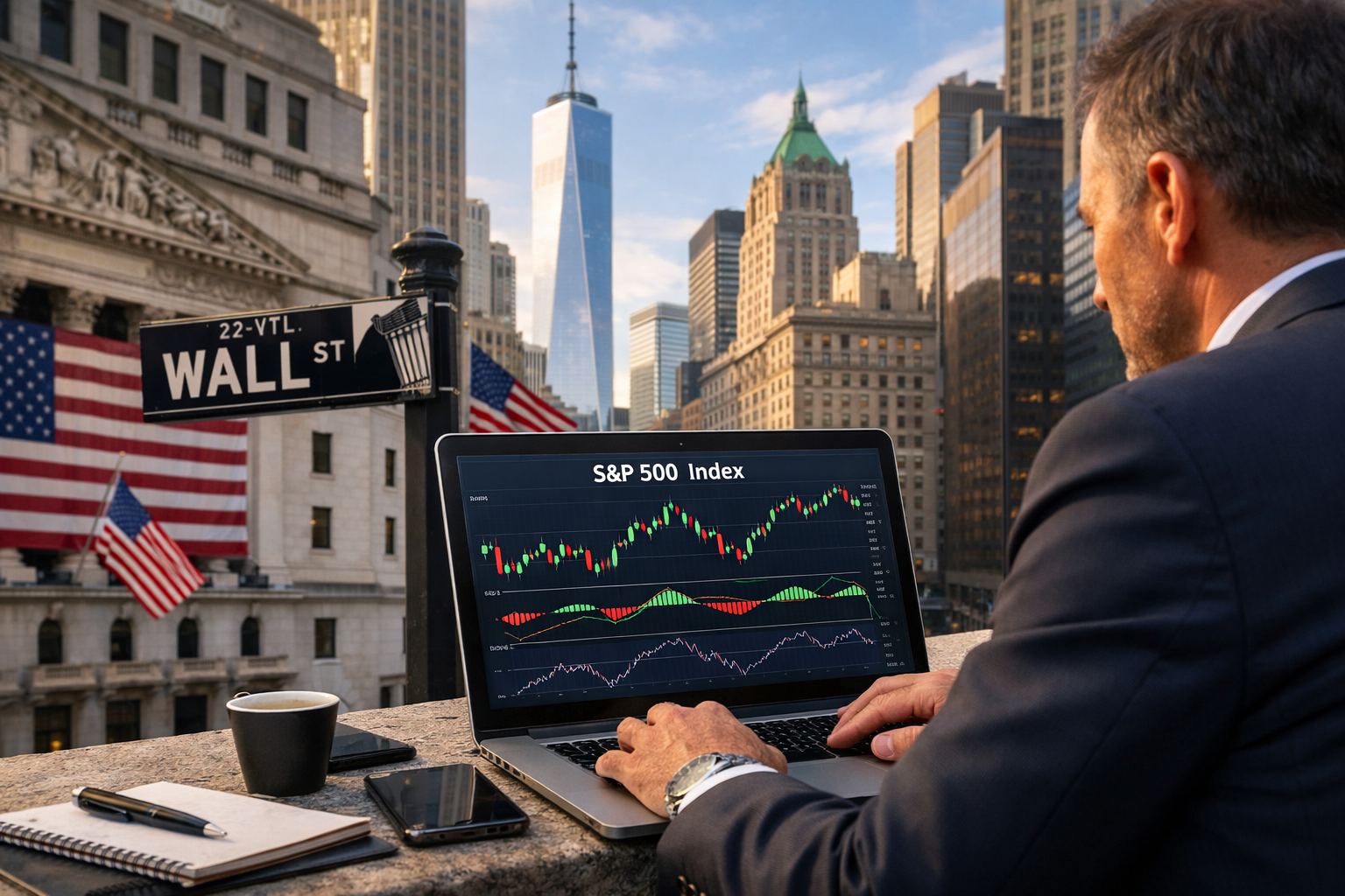 S&P 500 stock market chart with Wall Street bull statue and investment tips for U.S. investors.