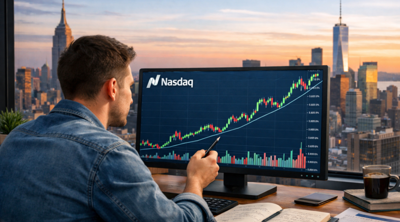 Nasdaq stock market chart with technology stocks and investing tips for U.S. investors.