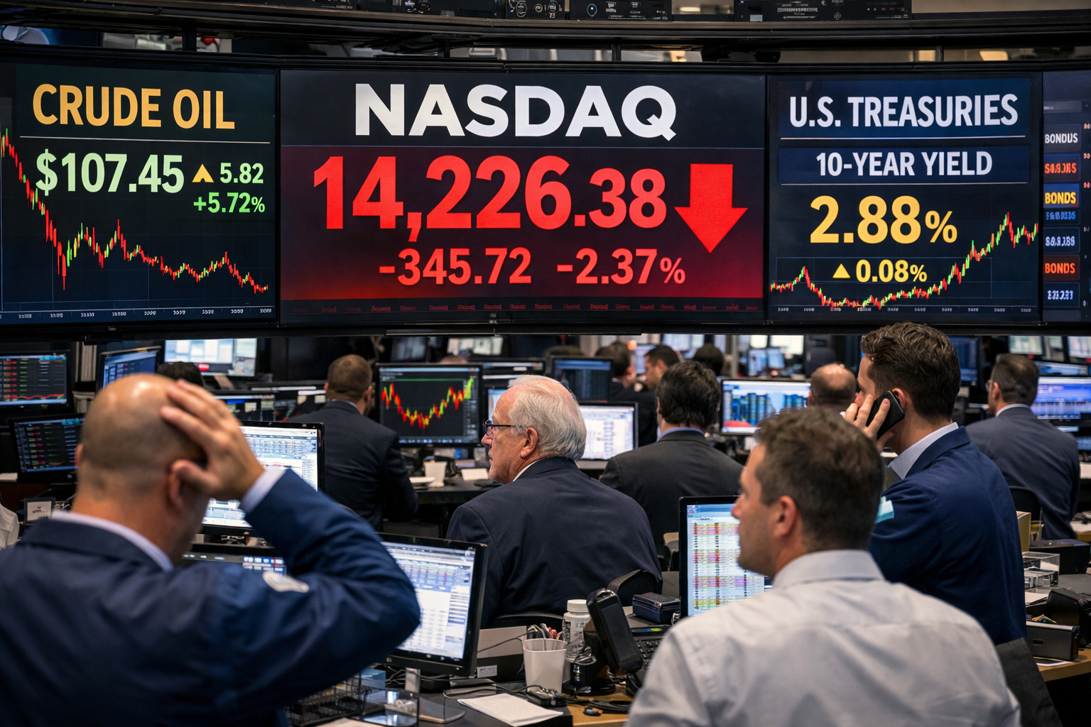 U.S. stock market on October 8, 2026, showing Wall Street market trends, technology stocks, and rising oil prices