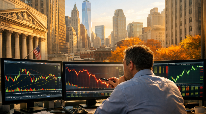 Black-and-white Wall Street stock market scene featuring the New York Stock Exchange, representing U.S. stock market performance, investor sentiment, and financial market analysis on October 10, 2026.