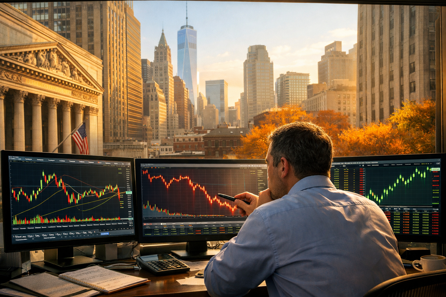 Black-and-white Wall Street stock market scene featuring the New York Stock Exchange, representing U.S. stock market performance, investor sentiment, and financial market analysis on October 10, 2026.