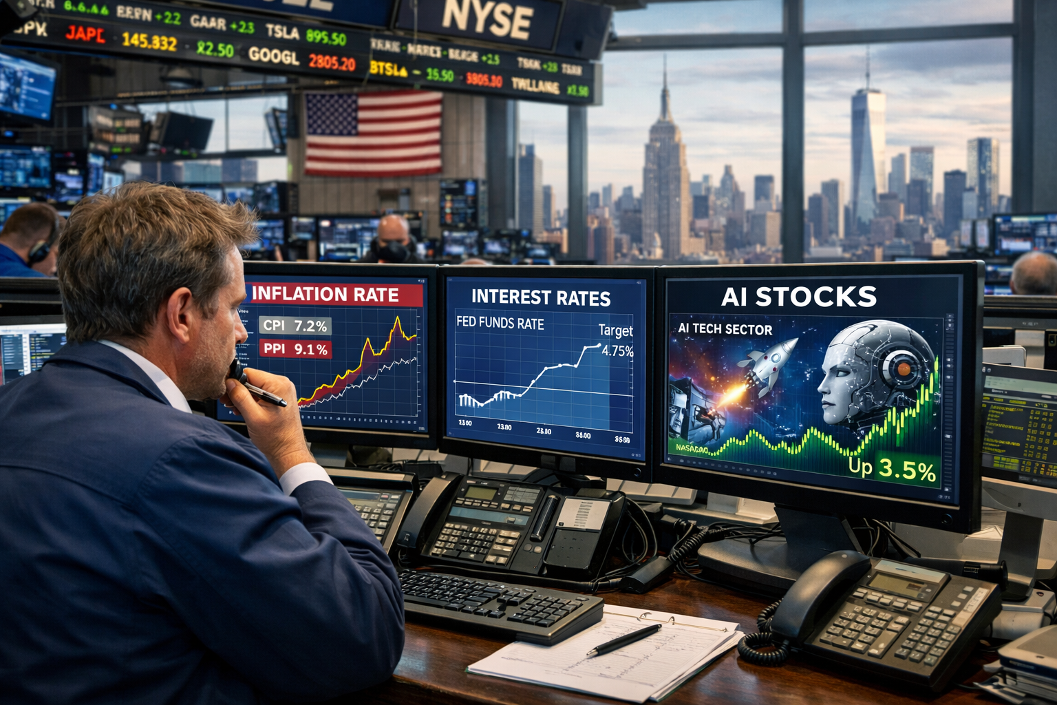 US financial market analysis showing Wall Street stock trading, Dow Jones, S&P 500, Nasdaq, inflation, and Federal Reserve interest rate trends on October 15, 2026.