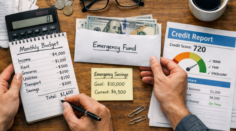 Personal finance planning with a budget notebook, savings for emergencies, and a credit score chart.